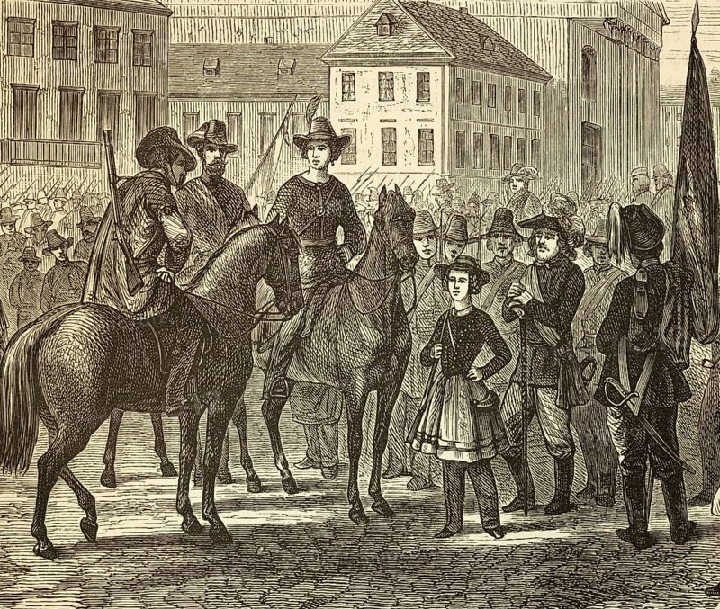 Arrival of the leader of the Baden Uprising in Karlsruhe, Gustav Struwe proclaims the German Republic in 1848, riots, revolutionary years 1848-1849, horsemen, crowd, street scene, armed insurgents, population, Germany flag, buildings, woman, men, history, Prussia, Germany, historical illustration 1882
