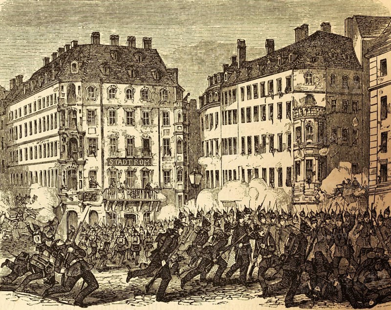 Suppression of the uprising in Dresden in 1849, history, street scene, 19th century, womb-infantry brigade, reforms, revolution, struggle, riots, weapons, armament, soldiers, violence, regiment, shooting, roadblocks, dead, injured, inscription city of Rome, Prussia, Germany, historical illustration 1882