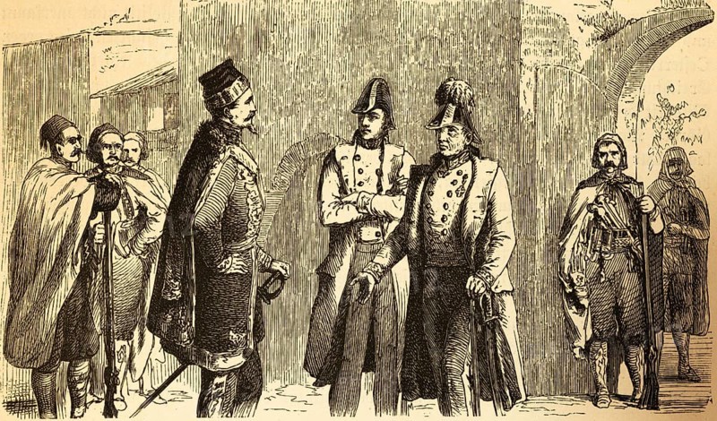 Armistice negotiations in 1849 between Austrian Field Marshal Josef Wenzel Radetzky and the Italian King Victor Emmanuel II, defeat of Italy, victory of Austria, armistice agreement, peace, negotiation, conversation, meeting, uniform, parties, end of war, history, Prussia, Germany, historical illustration 1882