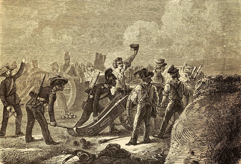 Defence of a ski jump near Kloppenheim by Baden, revolutionary years 1848-1849, uprising, riots, combat, guns, soldiers, combat, men, history, Prussia, Germany, historical illustration 1882