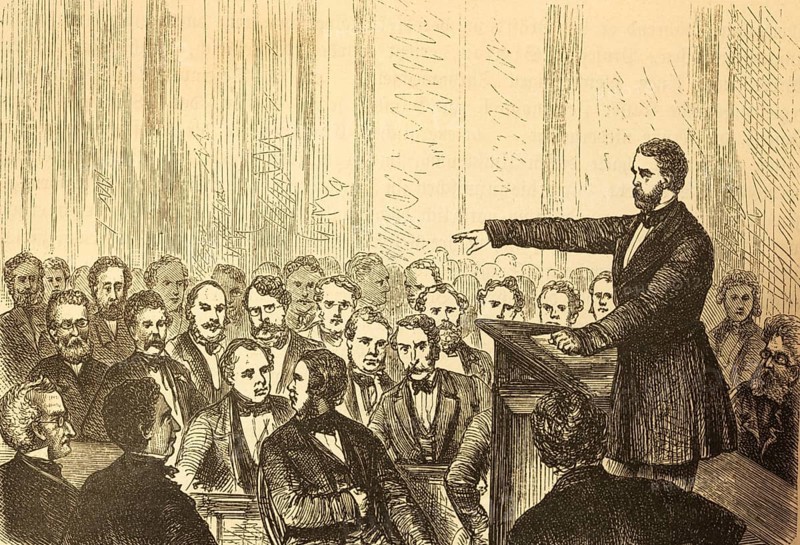 In the Prussian Parliament, history, imperial constitution, democracy, Prussian state assembly, men, three-class suffrage, revolution, members of parliament, speaker, Prussia, Germany, historical illustration 1882
