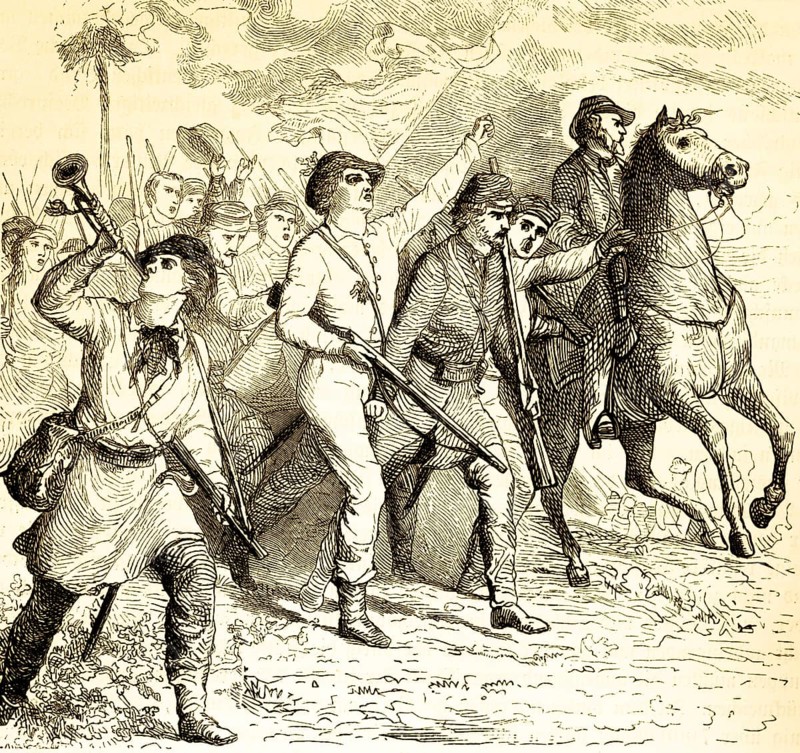 Excerpt of Schleswig-Holstein gymnasts and students 1848, Schleswig is Danish, demanding independence from Denmark, rebellion, resistance, parade, horsemen, men with guns, trumpet, fight, freedom, Prussia, Germany, history, historical illustration 1882
