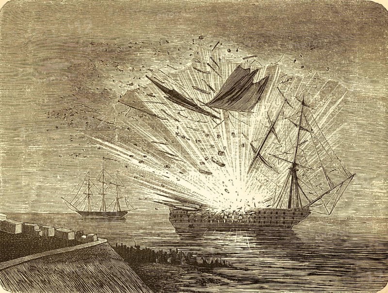 On April 5, 1849, the Danish liner Christian VIII explodes off Eckernförde in Danish-occupied Schleswig-Holstein, Danish fleet, naval blockade, German-Danish War 1848-49, Baltic Sea, cannons, hits, blessing ships, siege, debris, damage, Prussia, Germany, history, historical illustration 1882