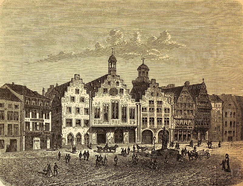 The Roman in Frankfurt am Main, central square, city center, people, fountains, gabled houses, stair gables, half-timbered houses, St. Paul's Church tower, Prussia, Germany, history, historical illustration 1882