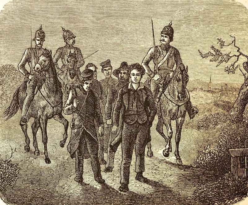 Transport of captured insurgents of the Baden Revolution, revolutionary years 1848-1849, riots, 1840s, arrest, rebellion, resistance, unarmed, soldier rider, sword, pickelhaube, landscape, church in the background, history, Prussia, Germany, historical illustration 1882