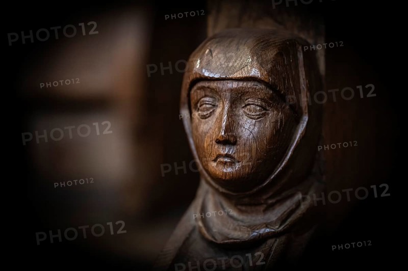 Head of a woman, oak choir stalls for the monks, 1493 by Jörg Syrlin the Younger, also Sürlin or Serling, sculptor, completed, choir room, Blaubeuren Abbey, Swabian Jura, Baden-Württemberg, Germany