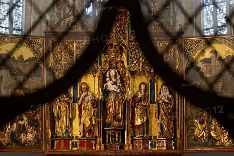 Mother of God on the crescent moon with baby Jesus, elevated on a pedestal, left and right John the Baptist and John the Evangelist, high altar, shrine and predella, chancel with movable pair of double wings suitable for the festivals of the church year, Blaubeuren Abbey, Swabian Jura, Baden-Württemberg, Germany