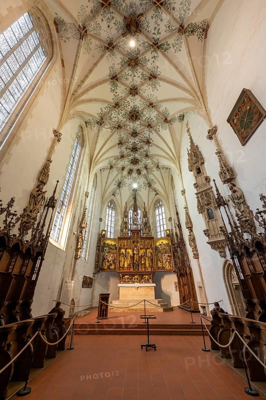 Mother of God on the crescent moon with baby Jesus, elevated on a pedestal, left and right John the Baptist and John the Evangelist, high altar, shrine and predella, chancel with movable pair of double wings suitable for the festivals of the church year, choir room, Blaubeuren Abbey, Swabian Alb, Baden-Württemberg, Germany