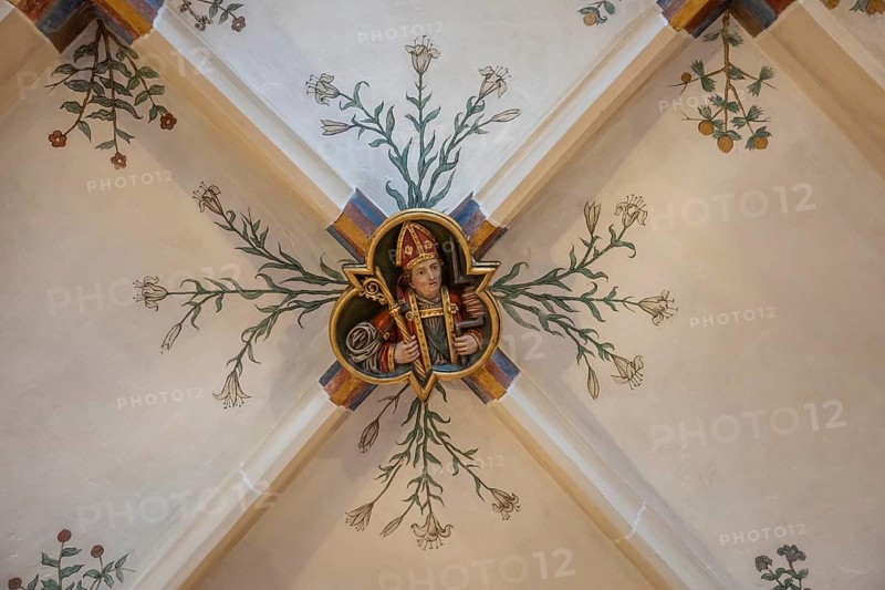 Bishop, flower frescoes, cross-ribbed vault, Blaubeuren Abbey, Swabian Jura, Baden-Württemberg, Germany