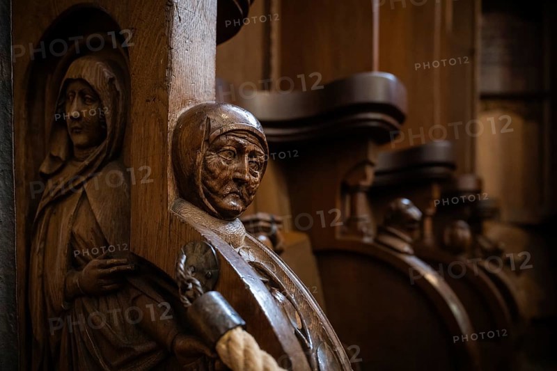 Head of an old man, oak choir stalls for the monks, 1493 by Jörg Syrlin the Younger, also Sürlin or Serling, sculptor, completed, choir room, Blaubeuren Abbey, Swabian Jura, Baden-Württemberg, Germany