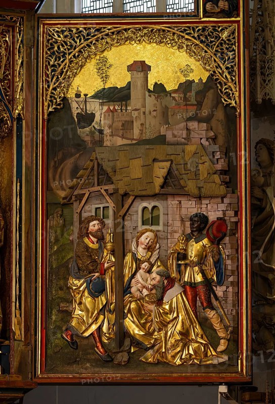 Birth of Jesus and the Adoration of the Three Wise Men from the East against a painted background in bas-reliefs, chancel with movable pair of double wings suitable for the festivals of the church year, choir room, Blaubeuren Abbey, Swabian Jura, Baden-Württemberg, Germany