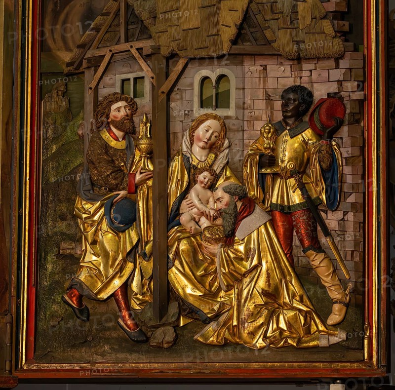 Birth of Jesus and the Adoration of the Three Wise Men from the East against a painted background in bas-reliefs, chancel with movable pair of double wings suitable for the festivals of the church year, choir room, Blaubeuren Abbey, Swabian Jura, Baden-Württemberg, Germany