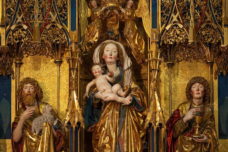 Mother of God on the crescent moon with baby Jesus, left and right John the Baptist and John the Evangelist, high altar, shrine and predella, chanter with moving pair of double wings suitable for the festivals of the church year, choir room, Blaubeuren Abbey, Swabian Alb, Baden-Württemberg, Germany