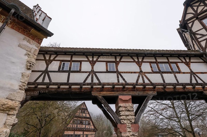 Fachwerk, Verbindungsgang, Protestant Seminary, Blaubeuren, Swabian Jura, Baden-Württemberg, Germany