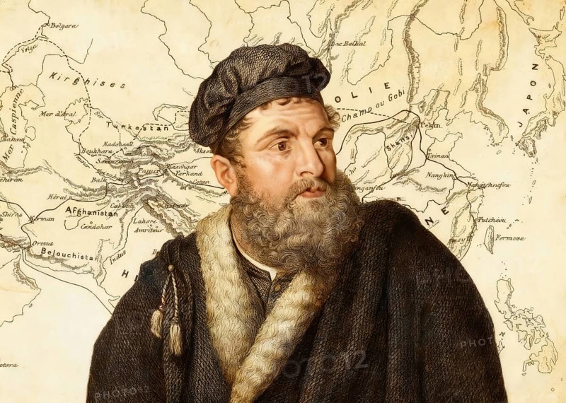 Marco Polo, c.?1254 –1324, an Italian merchant, explorer and writer, map of his travels, digital edited
