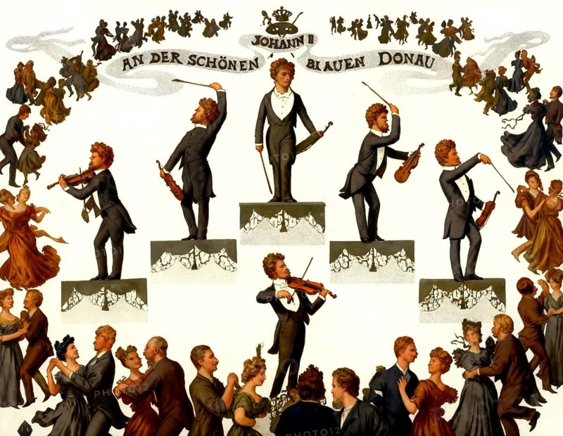 The Blue Danube, Johann Baptist Strauss II, 1825 – 1899, Austrian composer and violinist, 1879, silhouette print by Otto Böhler, digitally edited