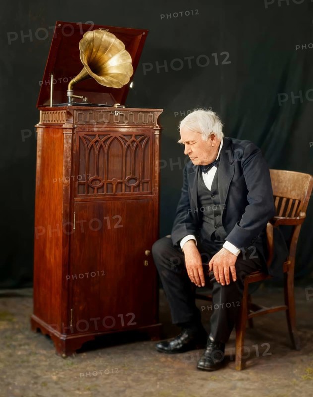 Thomas Alva Edison listening to his disc phonograph, digitally edited