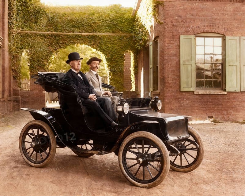 Thomas Edison and Mr. Greenfeldt in a Baker electric automobile, 1910, digitally edited