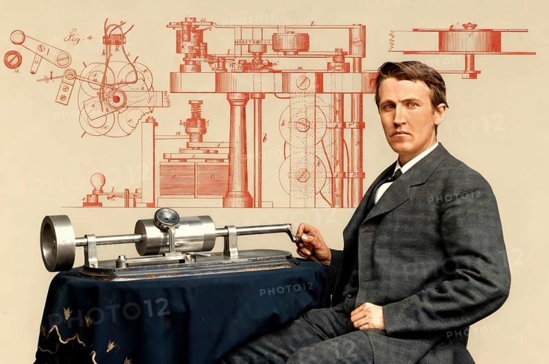 Thomas Alva Edison, 1847 - 1931, American inventor, Telegraph Apparatus, Patented 1872, digitally edited according to a photography by Mathew Brady, 1878