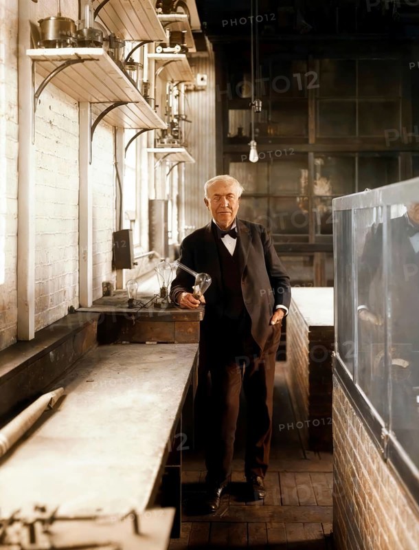 Thomas Alva Edison with his lightbulb, digitally edited