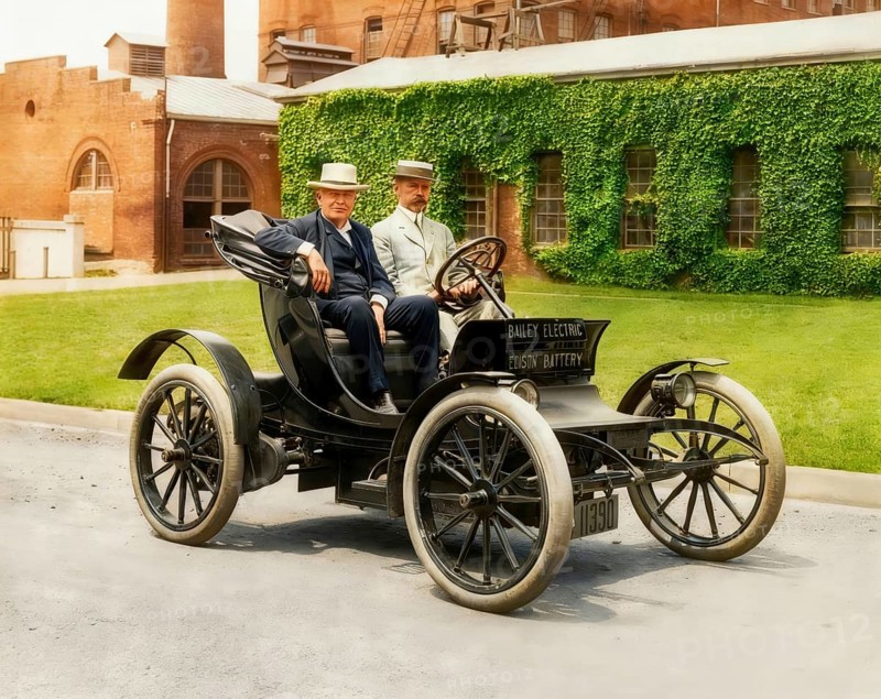 Thomas Alva Edison and Col. E.M.E. Bailey in Bailey Electric automobile powered by Edison Storage Batteries, 1910, digitally edited