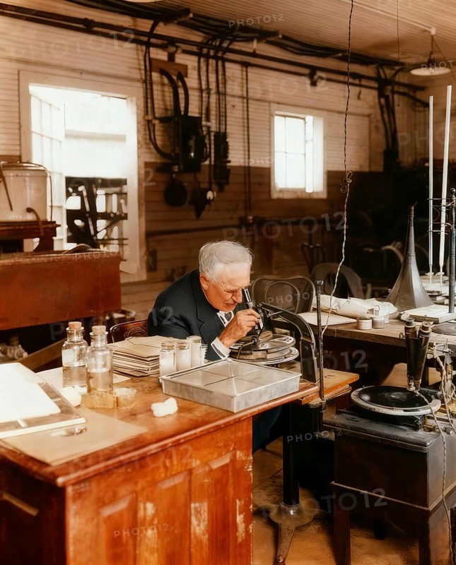 Thomas Alva Edison examining a phonograph disc under a microscope, digitally edited