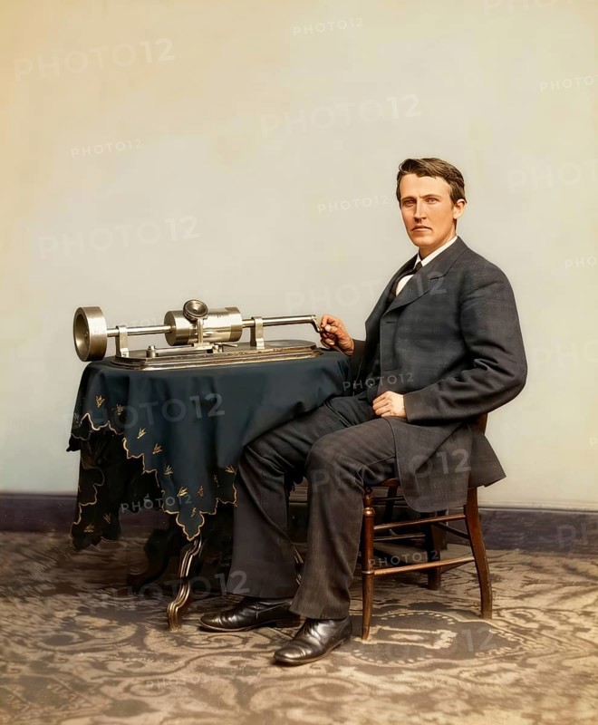 Thomas Alva Edison, 1847 - 1931, American inventor, Thomas Edison demonstrating the Tin-Foil Phonograph, digitally edited according to a photography by Mathew Brady, 1878