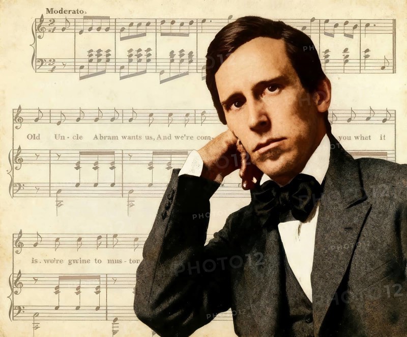 Portrait of Stephen Collins Foster with the sheet music of his minstrel song A soldier in the colored brigade, digitally edited