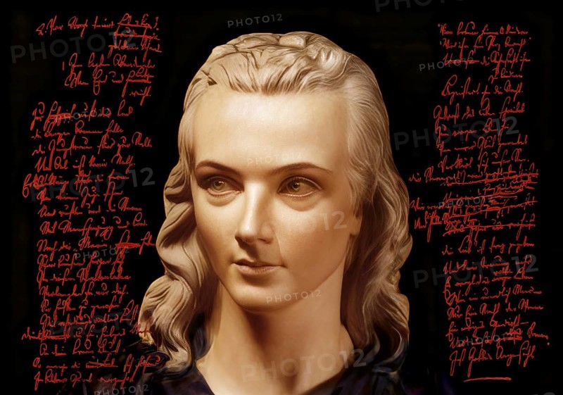 Portrait of Georg Philipp Friedrich Freiherr von Hardenberg, pseudonym and pen name Novalis, 1772 - 1801, German poet of Early German Romanticism, digitally edited after a bust at his grave, Hymns to the Night (Hymnen an die Nacht) written by Novalis