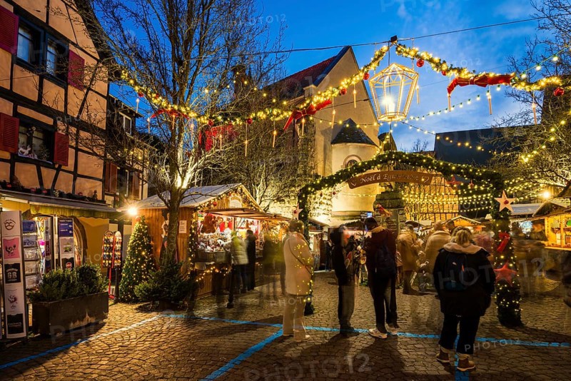 Christmas market, blue hour, Eguisheim, Haut-Rhin, Grand Est Region, Alsace, France
