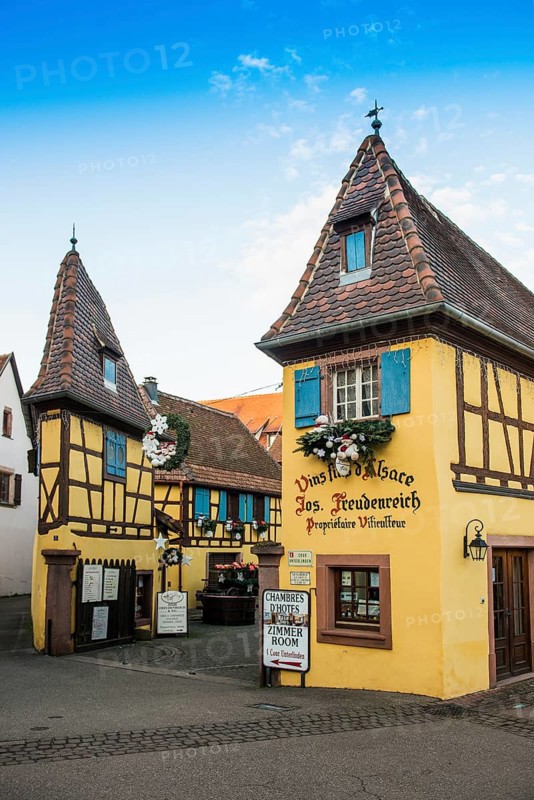 Christmassy decorated houses and alley with half-timbered houses, Christmas market, Eguisheim, Haut-Rhin department, Grand Est region, Alsace, France
