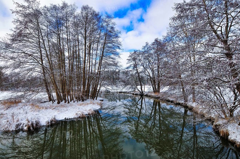 Wintery floodplain landscape along the Schmutter in the Augsburg Western Wälder nature park Park, Bavaria, Germany