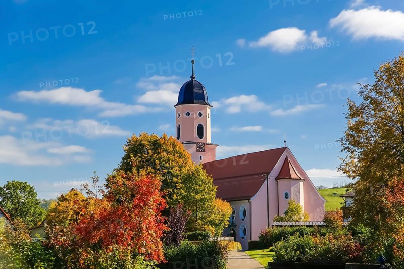 Roman Catholic parish church of St. Martin, baroque hall church from 1717—19, design by Franz Beer, religious building, church church, church tower, bell dome, trees with autumn colors, colorful leaves, blue sky, clouds, high plateau above the Albtrauf, Großengstingen, municipality of Engstingen, district of Reutlingen, Swabian Alb, Baden-Württemberg, Germany