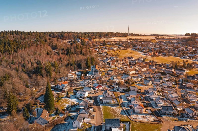A village in the winter countryside, surrounded by forest and fields, with a distant antenna tower, Hallwangen, Freudenstadt district, Germany