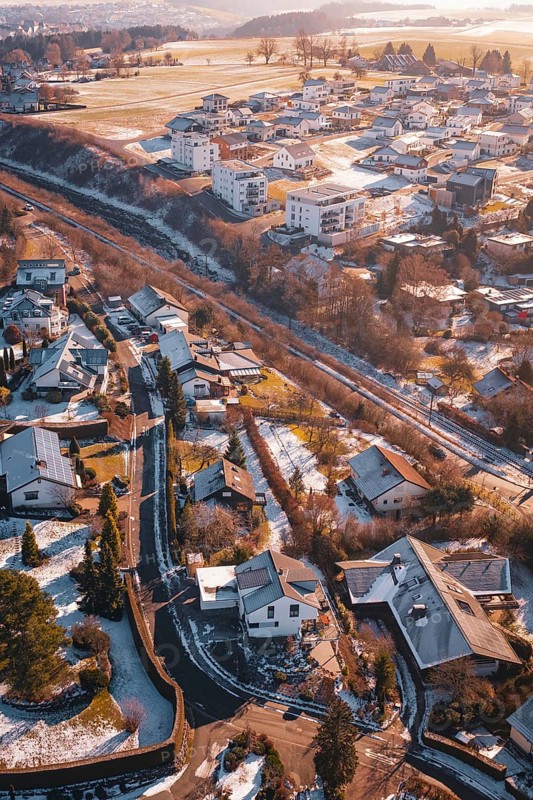 Snowy urban landscape with railway line and scattered houses, Dornstetten, Freudenstadt district, Germany