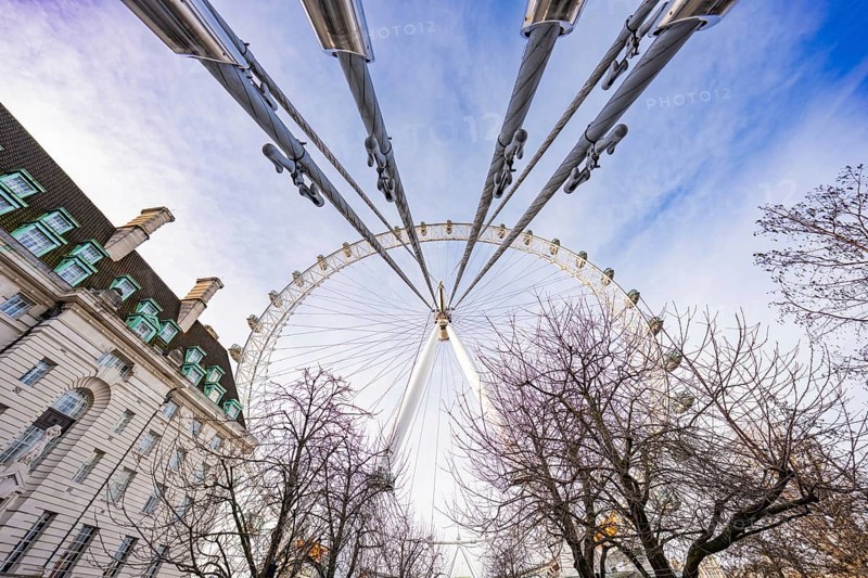 Unusual perspective of a Ferris wheel with trees and sky, London Eye, London, United Kingdom