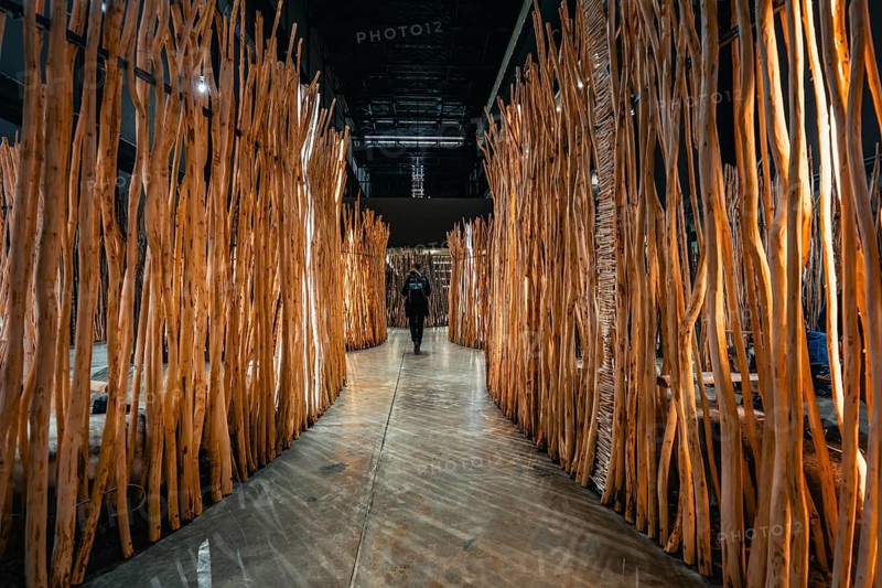 A path lined with wooden bars in an art installation, Tate Modern of Art, Lodon, United Kingdom