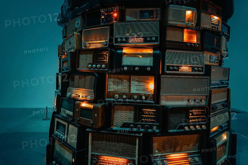 Side view of vintage radios, illuminated and artfully arranged, Tate Modern of Art, Lodon, United Kingdom