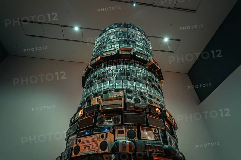 Large tower of old radios, artfully stacked in space, Tate Modern of Art, Lodon, United Kingdom