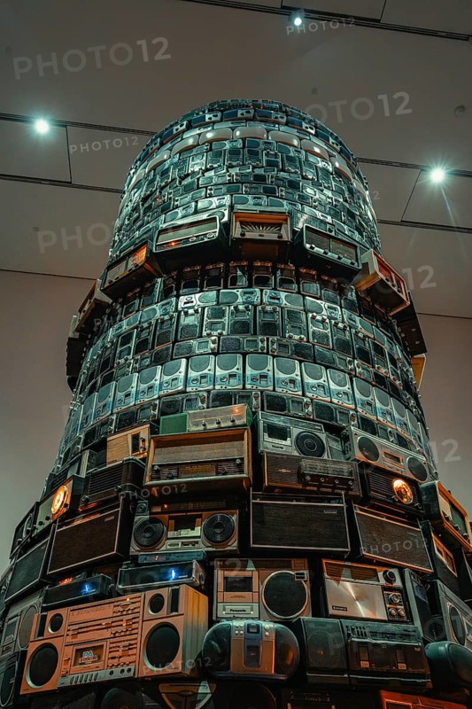 Tower-like installation of stacked radios in a brightly lit room, Tate Modern of Art, Lodon, United Kingdom