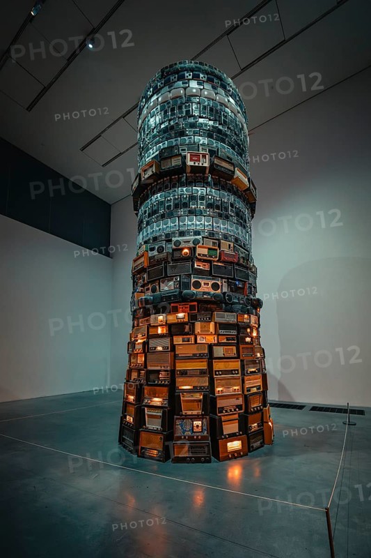 A tall tower of stacked radios with illuminated elements in the museum, Tate Modern of Art, Lodon, United Kingdom