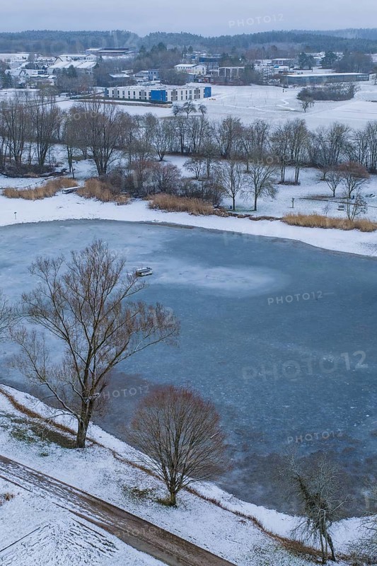 Small lake surrounded by snow-covered park and village in the background, icy surface, Empfingen, Freudenstadt district, Germany