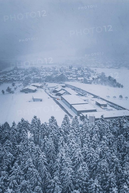 Snowy village on the edge of a forest under cloudy sky, Hörschweiler, Freudenstadt district, Germany