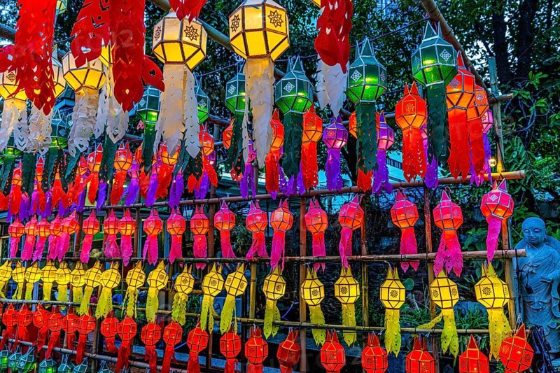Colourful illuminated lanterns at Suthiwararam Buddhist Temple, Bangkok, Thailand's metropolis, Thailand
