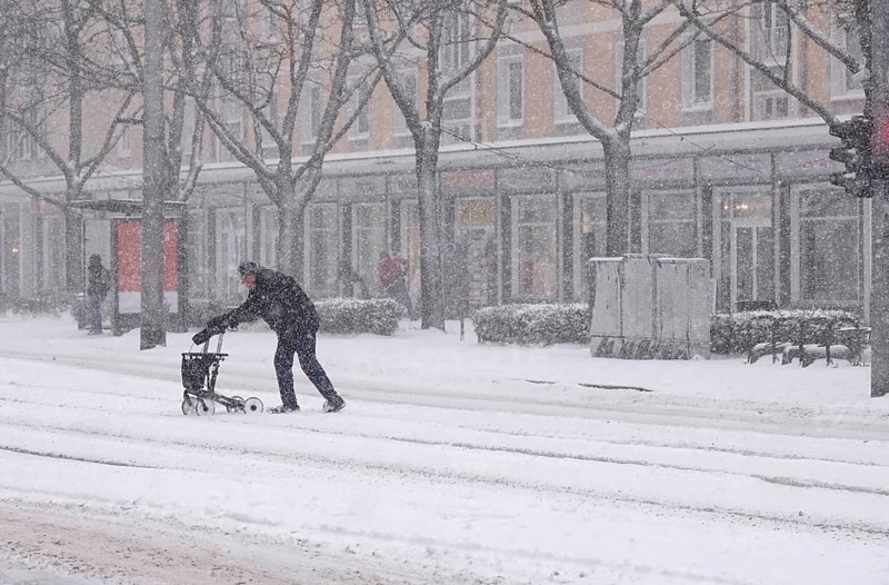 Senior with walker during heavy snowfall, winter, Germany