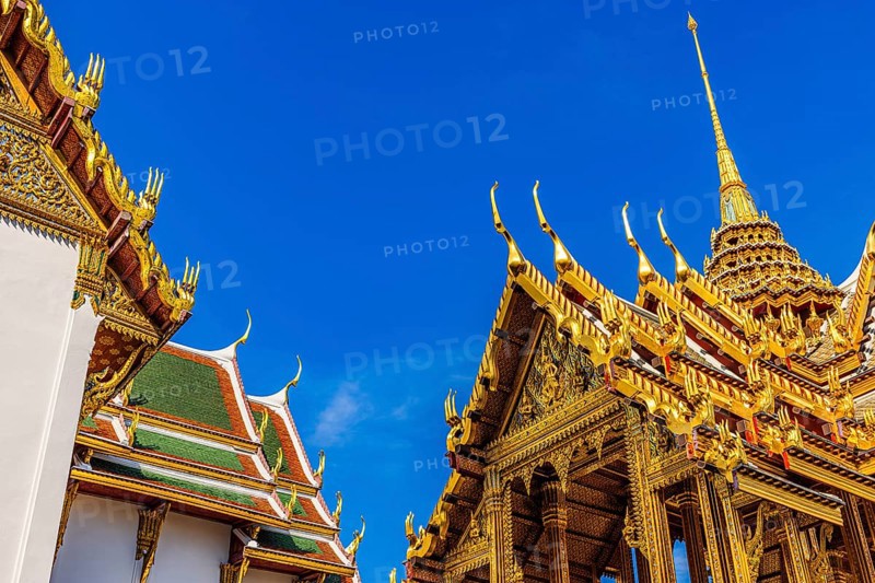 The Grand Royal Palace, the gilded Abhorn Bimok Pavilion with overlapping roofs and curved chofas, Phra Nakhon, Bangkok, Thailand's metropolis, Thailand