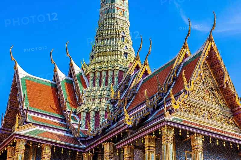 The Grand Royal Palace, Wat Phra Kaeo Buddhist Temple, the Royal Pantheon, Prasad Phra Thepbidon, buildings with overlapping roofs with curved chofas, Phra Nakhon, Bangkok, Thailand's metropolis, Thailand