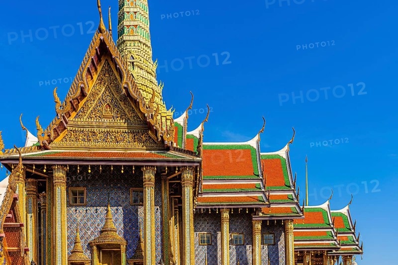 The Grand Royal Palace, Wat Phra Kaeo Buddhist Temple, the Royal Pantheon, Prasad Phra Thepbidon, overlapping roofs with curved chofas, Phra Nakhon, Bangkok, Thailand's metropolis, Thailand