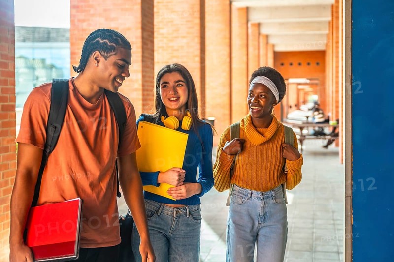 Diverse students walking, carrying books and backpacks, communicating happily while moving through a sunny university campus corridor, representing education, friendship, and diversity