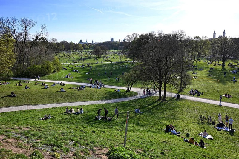 View of the southern English Garden from Monopteros, many people enjoying summer, Munich, Bavaria, Germany